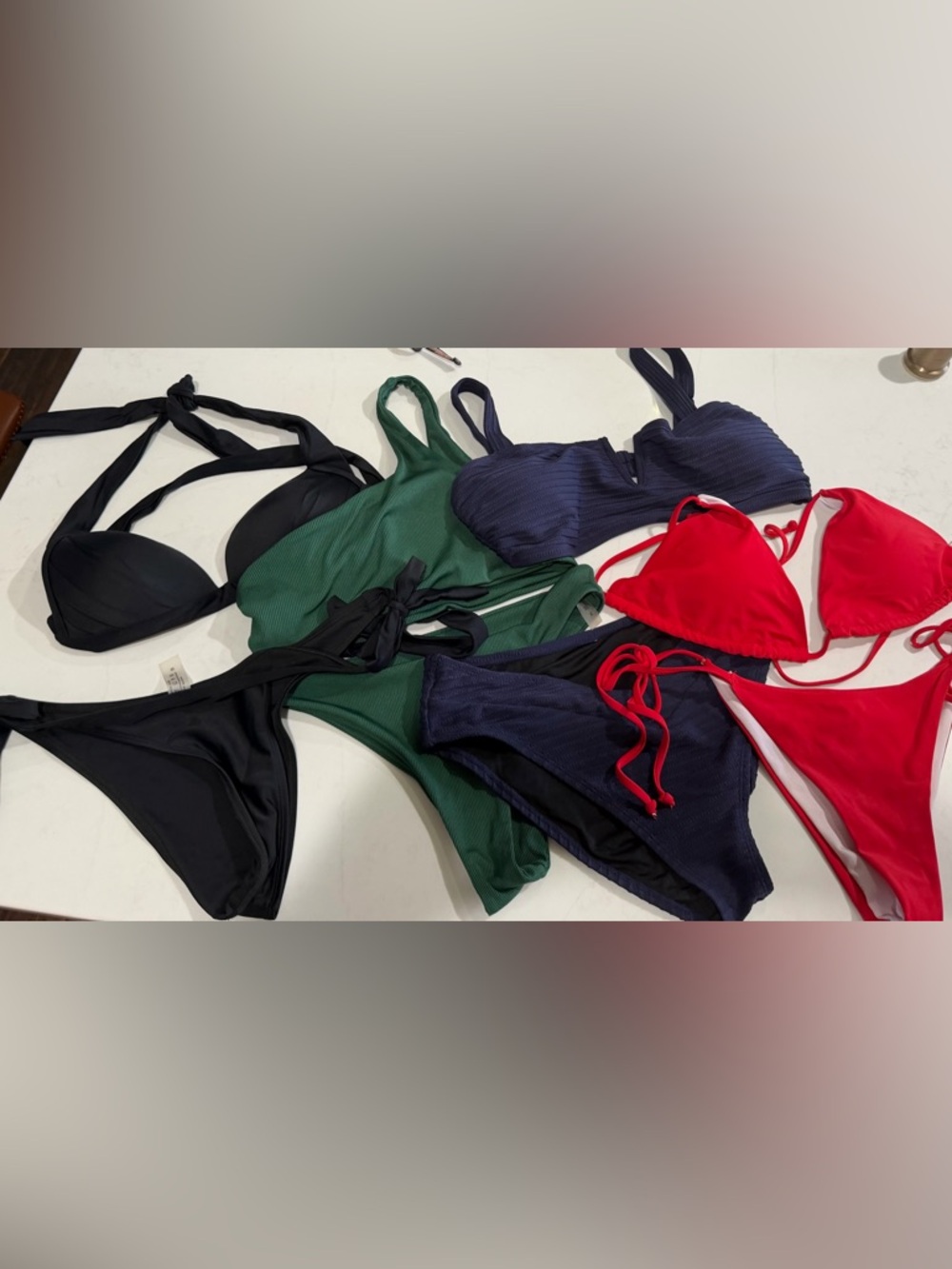 Mixed Color Ribbed Swimwear Set - Green, Navy & Red
